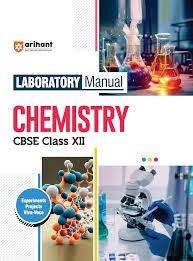Chemistry laboratory manual for Class XII with lab equipment and molecular models on a white background