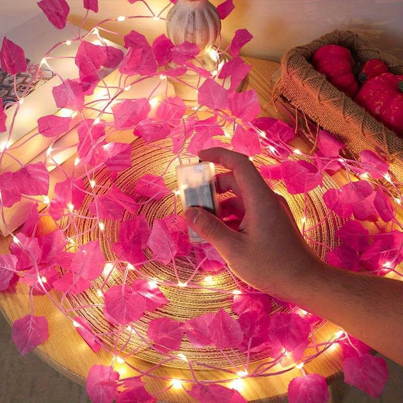 Artificial Leaves Leaf Garland String Decorative Plant Leaves Vine Creeper for Hanging with Pink Artificial Leaves 7.02 Feet Long Garland for Decoration Party Wedding Diwali Festivals Christmas Pink Leaves 12 Sets