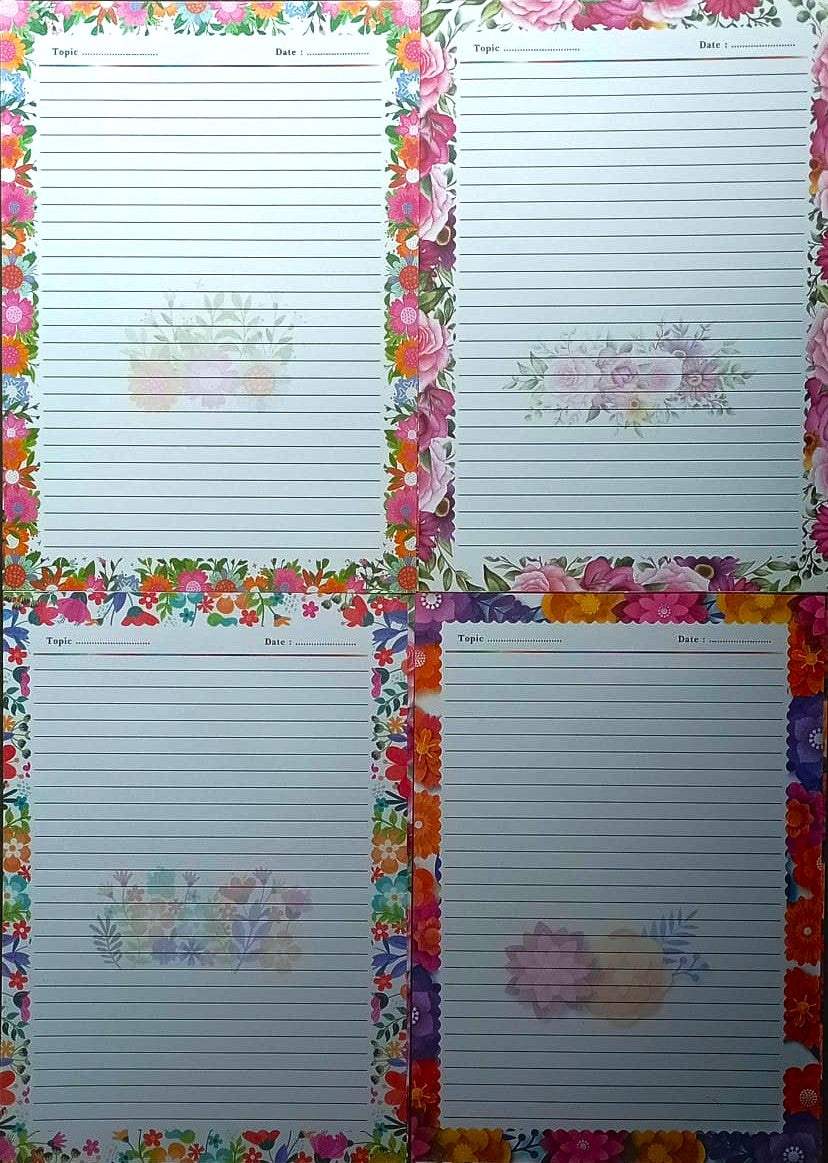 Artskool Designer Sheets A4 Size One Side Ruled Project Papers Floral Comment Sheets for Assignment Art and Craft Pack of 20 Mix Sheets 4 Design Each 100 GSM