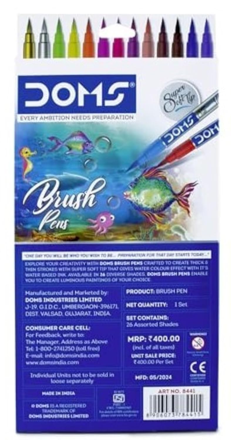 DOMS Brush Pen Box Pack Flexible and Soft Tip That Gives Water Color Effect Includes One Silver and Gold Shade Inside Lightweight Brush Pens For Kids Set Of 26 Shades