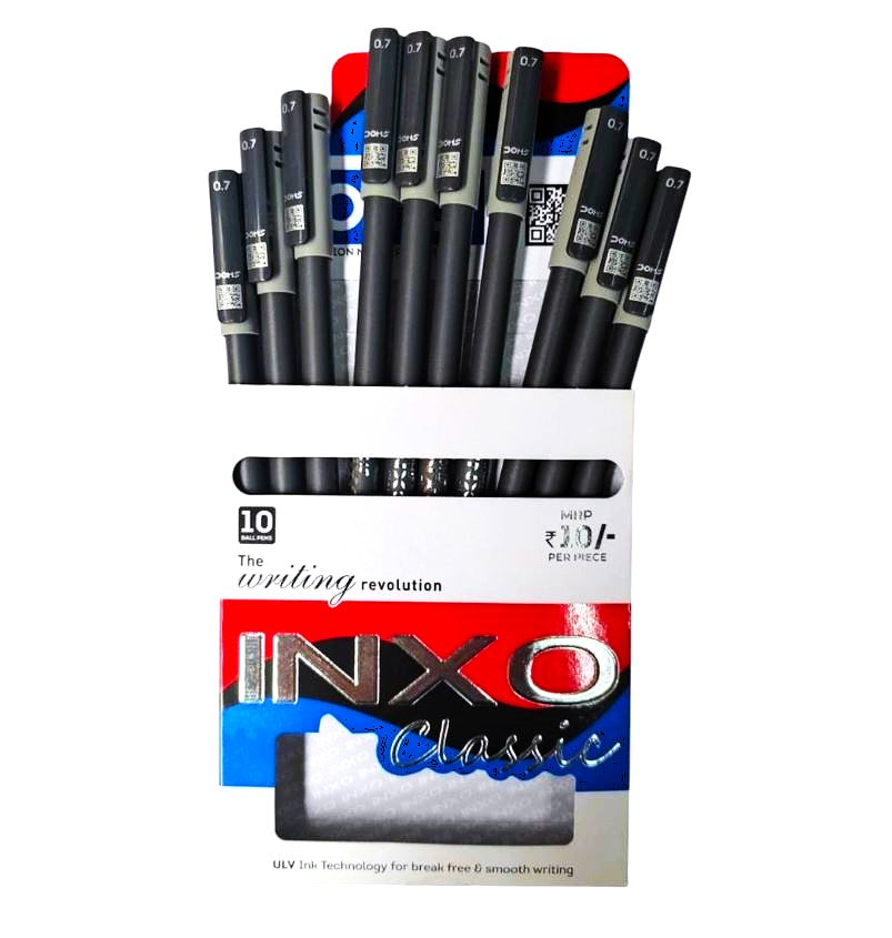 DOMS INXO Classic Ball Pen 0.7mm Tip Smooth Writing Ballpoint for School and Office Type Black Ink Pack Of 10