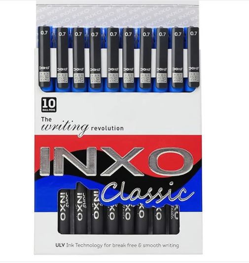 DOMS INXO Classic Ball Pen 0.7mm Tip Smooth Writing Ballpoint for School and Office Type Blue Ink Pack Of 10