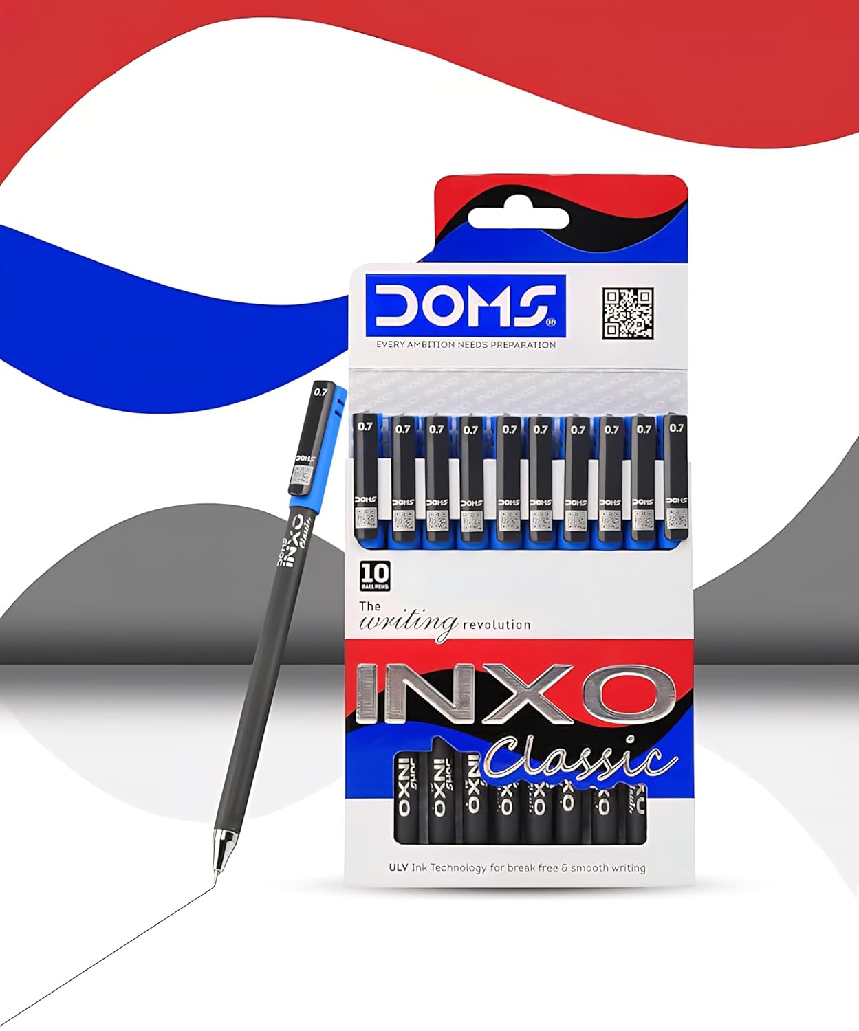 DOMS INXO Classic Ball Pen 0.7mm Tip Smooth Writing Ballpoint for School and Office Type Blue Ink Pack Of 10
