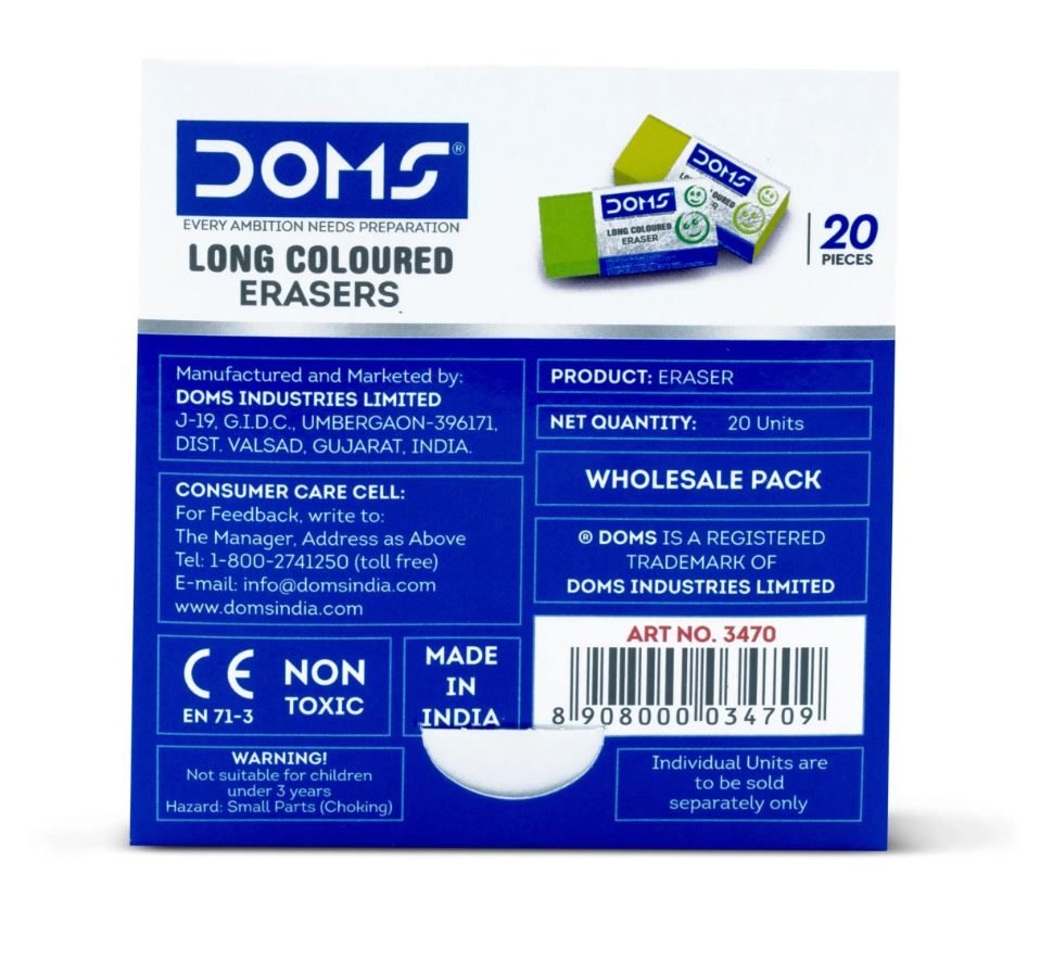 DOMS Long Coloured Erasers For Clean and Clear Erasing Non-Toxic Dust Free Pack Of 20 Pieces