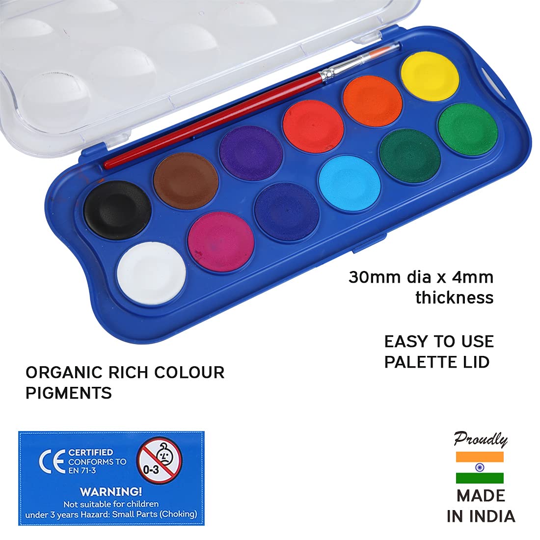 Doms Aqua Water Colour Cakes 12 Shades 30 mm Rich Colour Pigment Premium Grade For Students With FREE 1 Brush Best Birthday Gift Useful For Drawing and Colouring Pack of 1