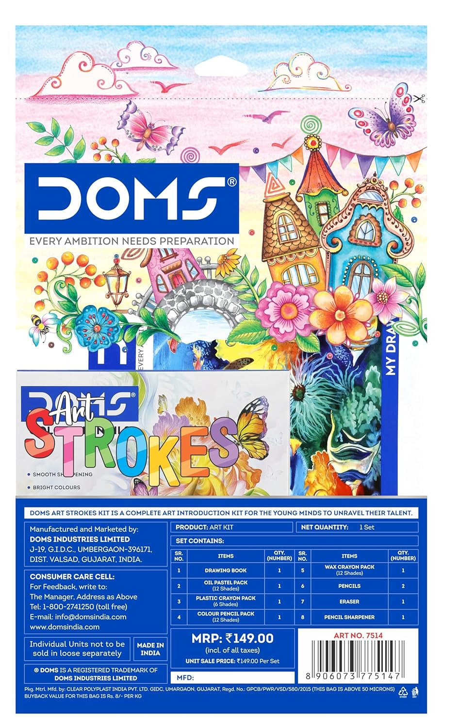 Doms Art Strokes Kit Combination of 8 Stationery Items Perfect Value Pack Kit For Creative Minds Gifting Range For Kids Pack of 1