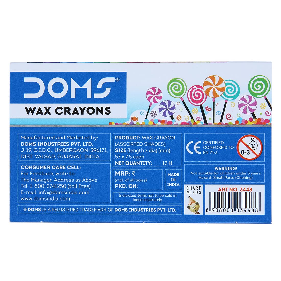 Doms Wax Crayons 12 Shades Non-Toxic Wax Crayon Safe for Childrens Set in Cardboard Box Pack of 1 Multicolour