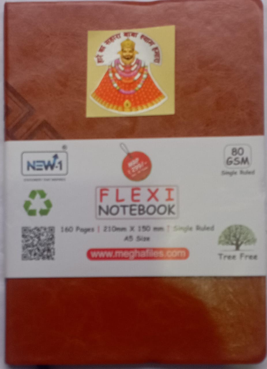 Red notebook with a label on top showing text and graphics, including a brand logo.