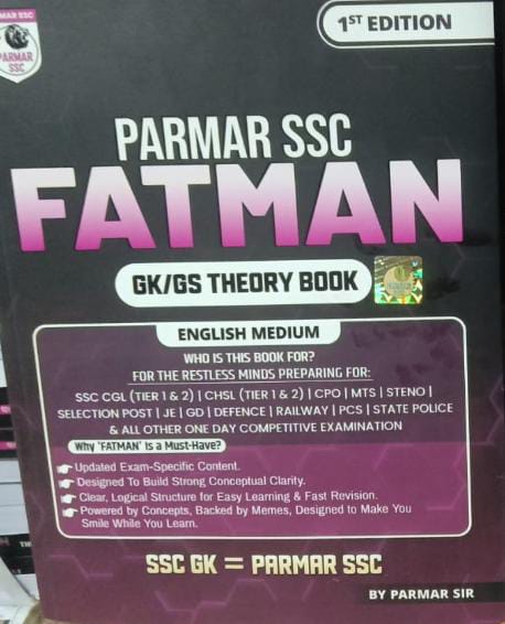 Book titled 'Parmar SSC FATMAN GK/GS Theory Book' with promotional text on a dark background
