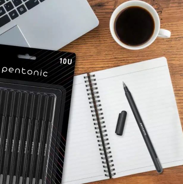 Pentonic Ball Pen Refillable Ultra Low Viscosity Ink Sleek Matte Finish Featherlite Feel Black Ink Pack of 10