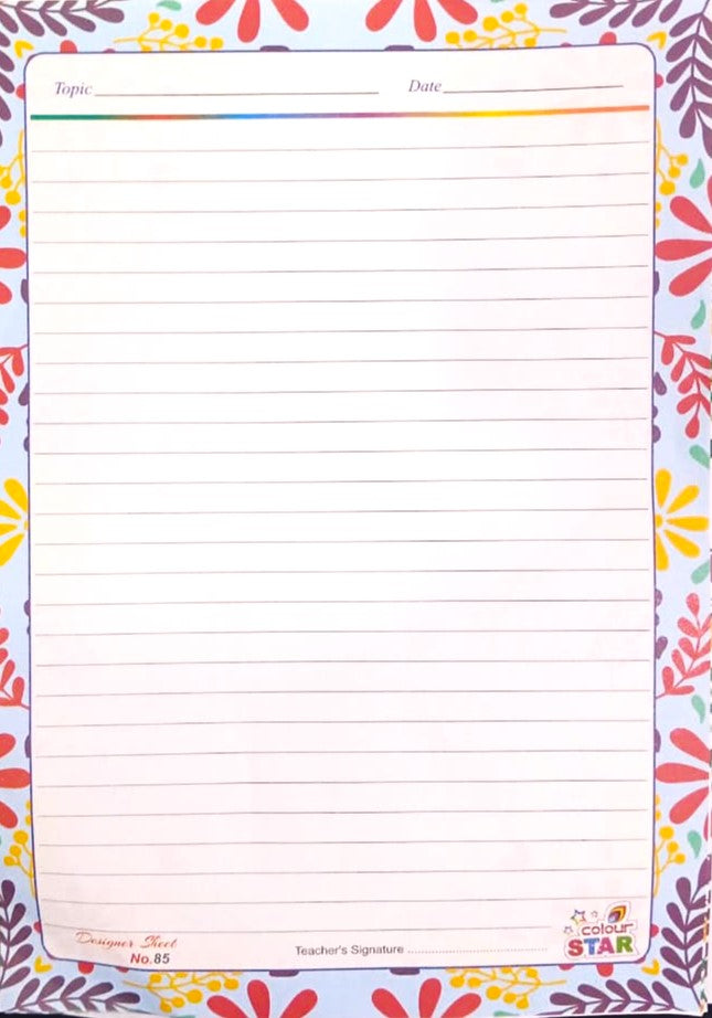 Shanti One Side Ruled Designer Sheets A4 Size Project Papers Floral Practical Sheets for Assignment Art and Craft Pack of 20 Mix Sheets 4 Design Each 80 GSM