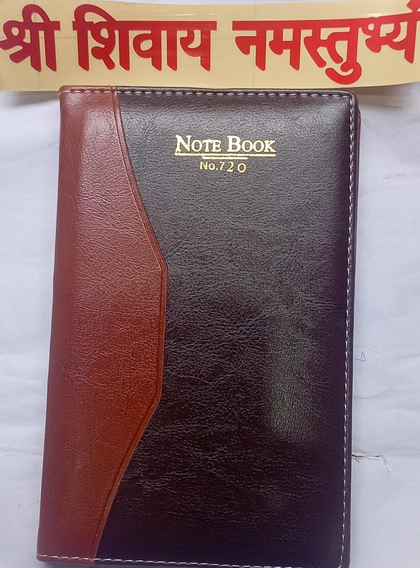 Notebook with brown leather cover and gold text on a white background