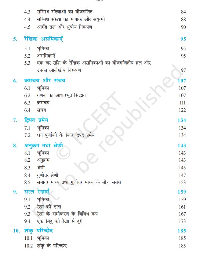 NCERT Mathematics Class 11 Hindi Medium textbook contents page with chapter titles and page numbers.