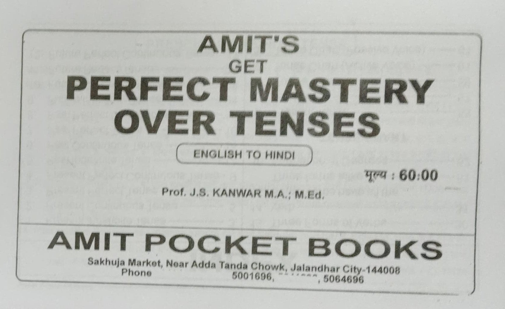 Amit Tense Chart – Perfect Mastery Over Tenses English to Hindi guide cover with price details.