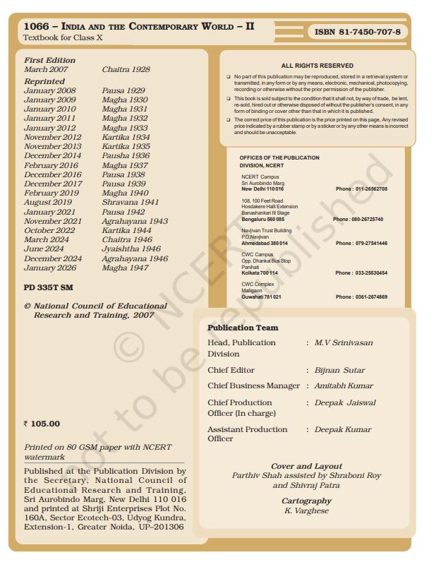 NCERT India And Contemporary World Class 10 Part 10 Textbook For History English Medium Code 1066