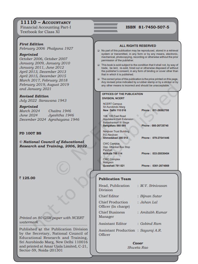 NCERT Financial Accounting Class 11 Part 1 Textbook For English Medium Code-11110