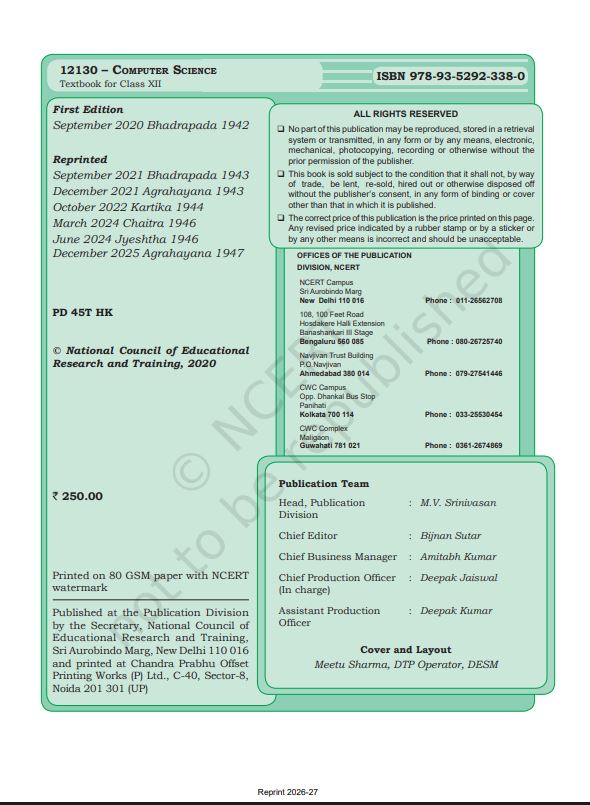 NCERT Computer Science Class 12 Textbook For English Grade XII Code-12130