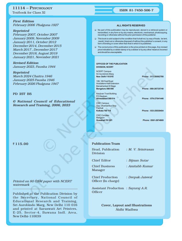 NCERT Psychology Class 11 Textbook For English Latest Edition 2026-27
