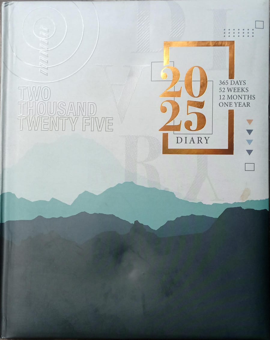 Diary cover with mountain design and '2025' text on a white background
