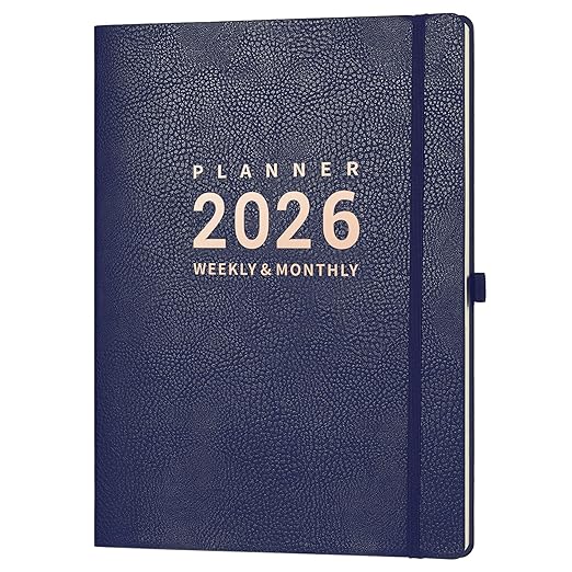Navy planner with 'Planner 2026 Weekly & Monthly' text on a white background