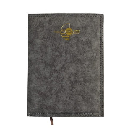 Gray textured notebook with a logo on a white background