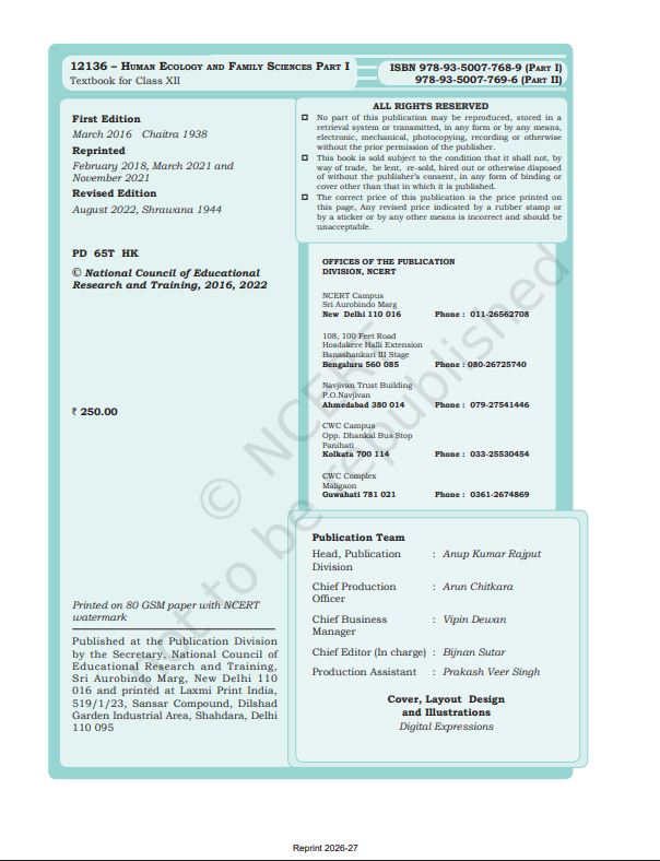 NCERT Home Science Class 12 Textbook For Human Ecology And Family Science Grade XII Code-12136