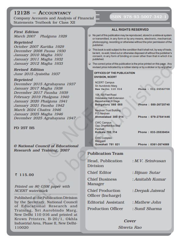 NCERT Accountancy Class 12 Part 2 Textbook For English Medium Based On CBSE Syllabus