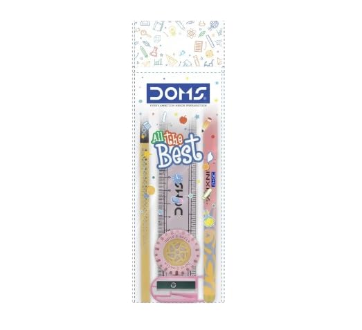 Doms All The Best Stationery Kit Includes 1 Each Inxify Plus Ballpen Blue Ink 15 CM Scale Triangular Extra Dark Wooden Pencil Long Point Sharpener Tyre Shape Eraser For Daily Use