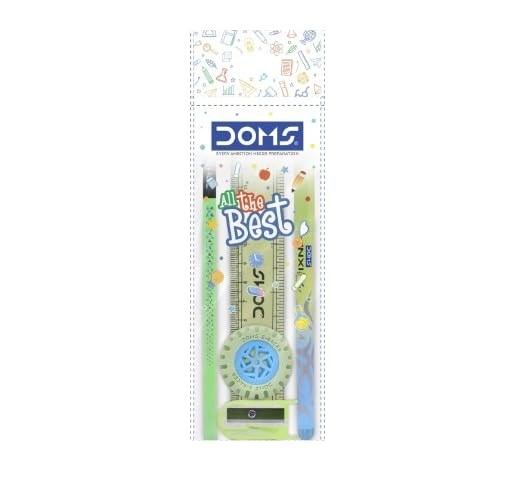 Doms All The Best Stationery Kit Includes 1 Each Inxify Plus Ballpen Blue Ink 15 CM Scale Triangular Extra Dark Wooden Pencil Long Point Sharpener Tyre Shape Eraser For Daily Use