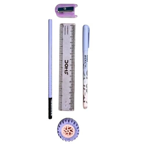 Doms All The Best Stationery Kit Includes 1 Each Inxify Plus Ballpen Blue Ink 15 CM Scale Triangular Extra Dark Wooden Pencil Long Point Sharpener Tyre Shape Eraser For Daily Use