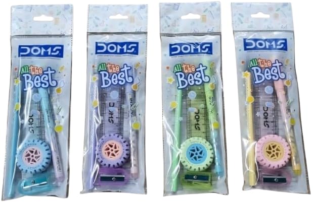 Doms All The Best Stationery Kit Includes 1 Each Inxify Plus Ballpen Blue Ink 15 CM Scale Triangular Extra Dark Wooden Pencil Long Point Sharpener Tyre Shape Eraser For Daily Use