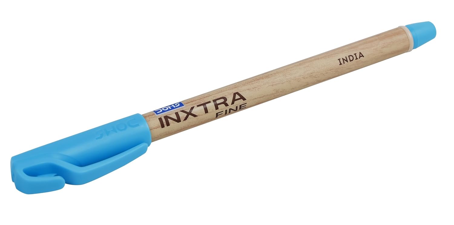 Doms Inxtra Fine Ballpoint Pen 0.7mm Tip Lightweight Fade Resistant Comfortable Grip Smooth Long Writing tural Wood Body Colour Blue Ink Technology Ink Colour Blue