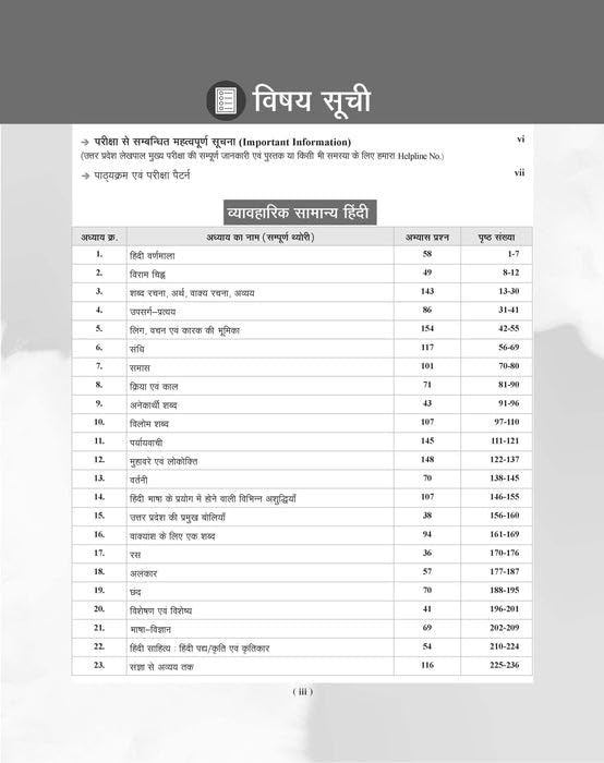 Table of contents for Examcart UP Lekhpal Main Exam Hindi Book 2026, including important chapters and page numbers.