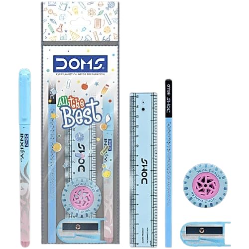 Doms All The Best Stationery Kit Includes 1 Each Inxify Plus Ballpen Blue Ink 15 CM Scale Triangular Extra Dark Wooden Pencil Long Point Sharpener Tyre Shape Eraser For Daily Use