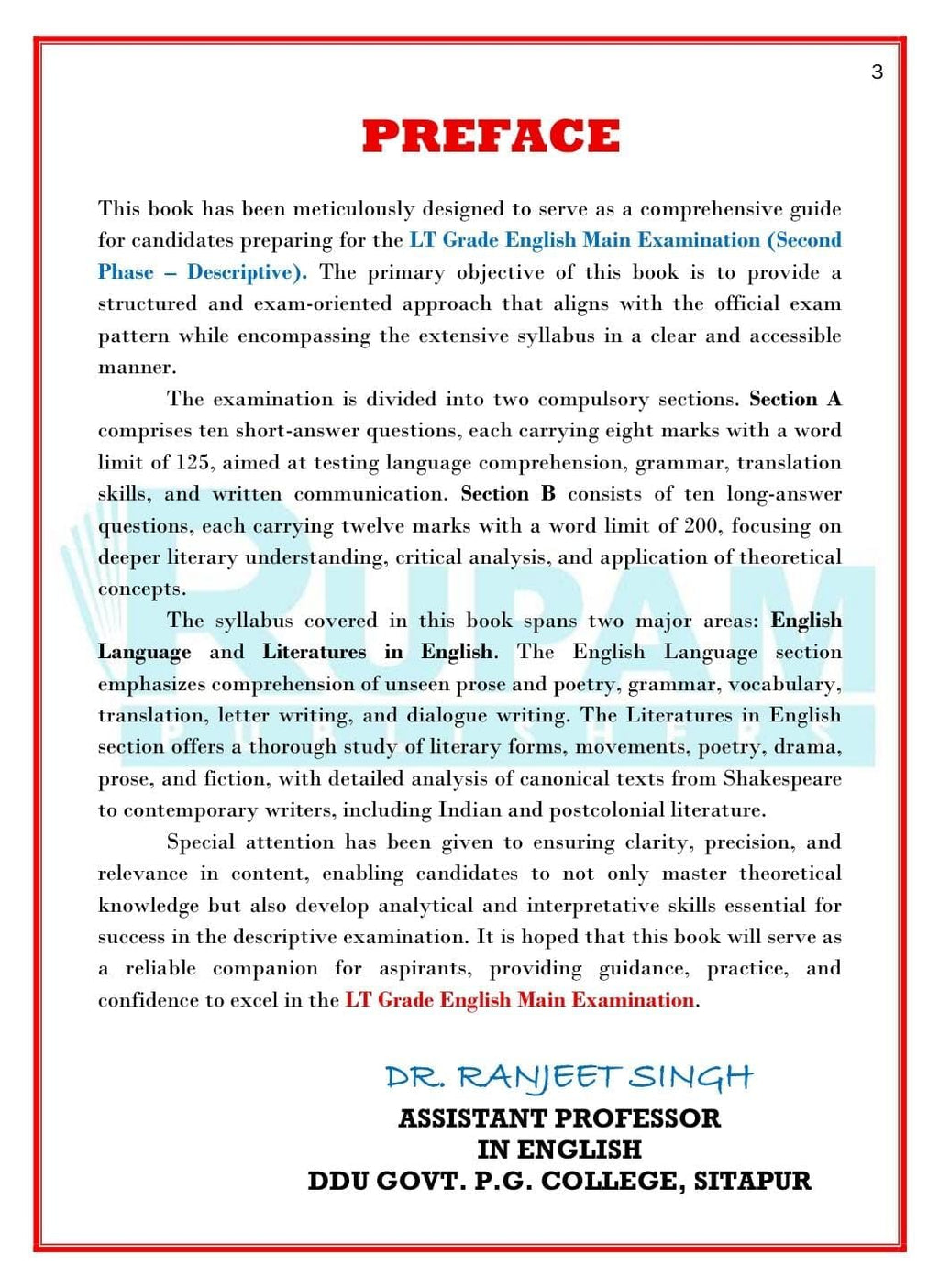 Rupam A Complete Book for English LT Grade Main Exam 2026 preface page highlighting exam preparation details.
