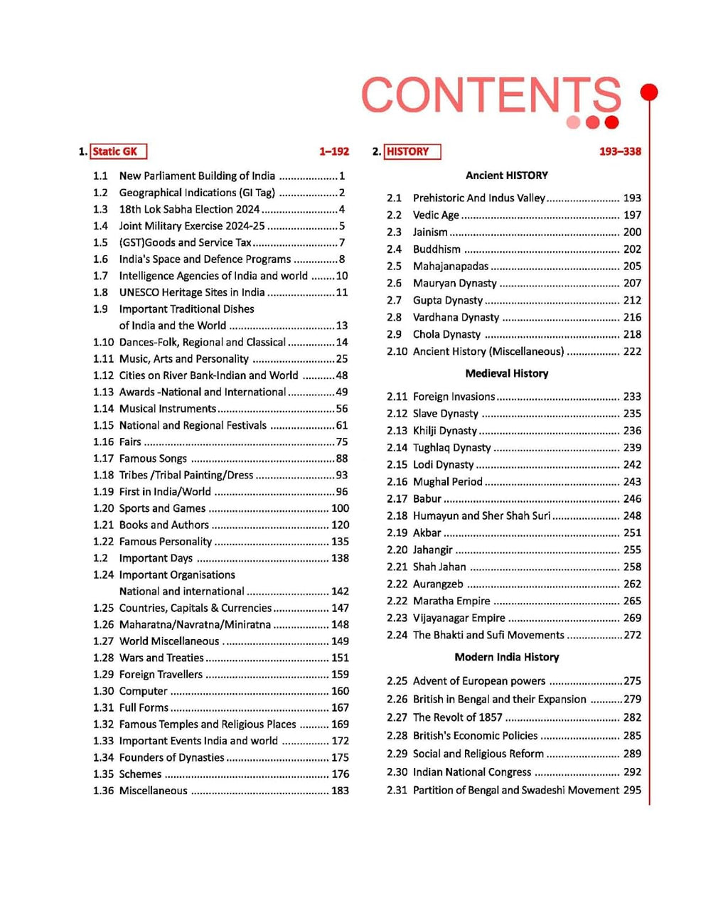 Table of contents for Rakesh Yadav General Studies 6500+ Objective MCQs, covering topics in static GK and history.