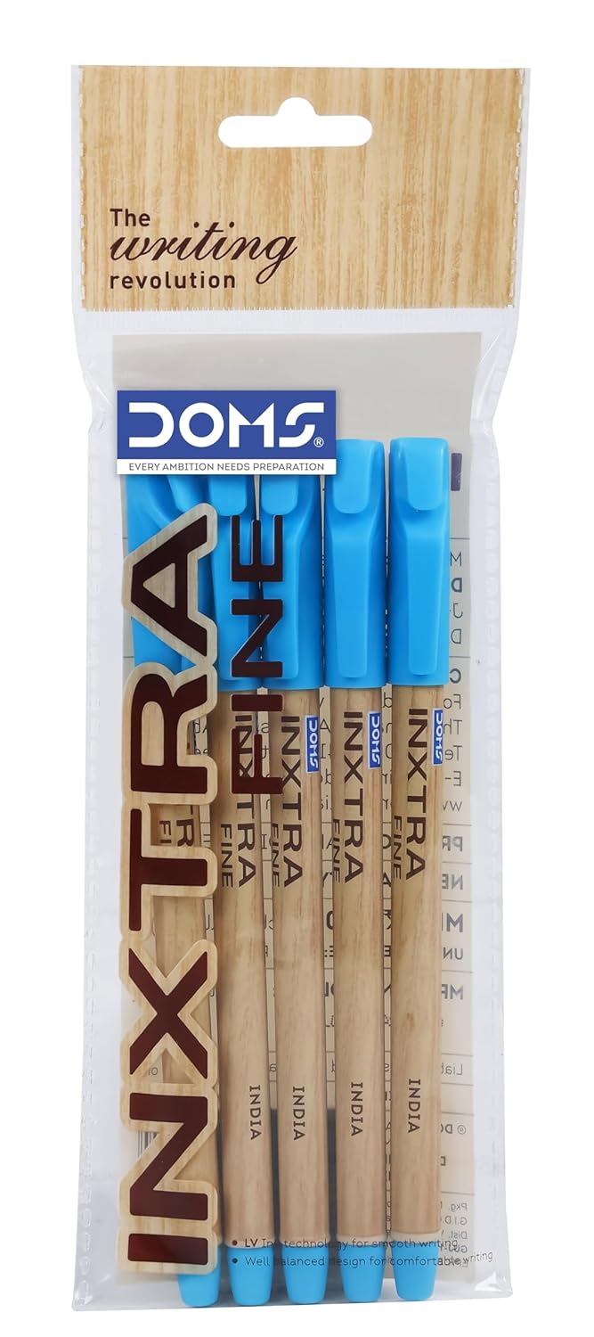Doms Inxtra Fine Ballpoint Pen 0.7mm Tip Lightweight Fade Resistant Comfortable Grip Smooth Long Writing tural Wood Body Colour Blue Ink Technology Ink Colour Blue