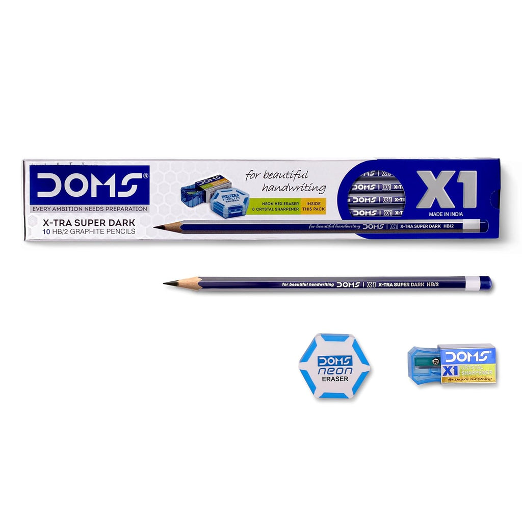 DOMS X1 Graphite Pencil Pack of 10 with Eraser & Sharpener – Hexagonal Shape 1