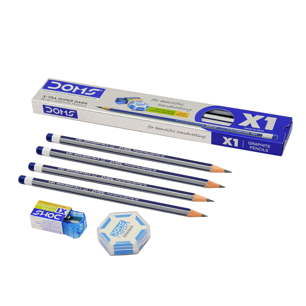 DOMS X1 Graphite Pencil Pack of 10 with Eraser & Sharpener – Hexagonal Shape 3