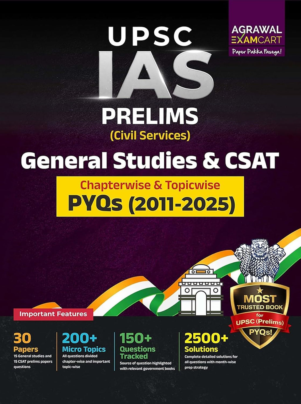 Examcart UPSC IAS Prelims General Studies GS and CSAT PYQs Book 2026 cover showcasing important features and topics.