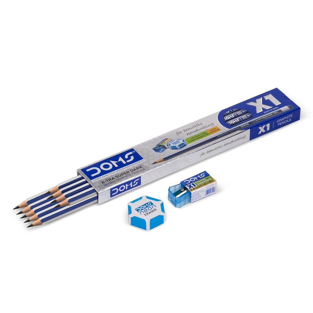 DOMS X1 Graphite Pencil Pack of 10 with Eraser & Sharpener – Hexagonal Shape 2