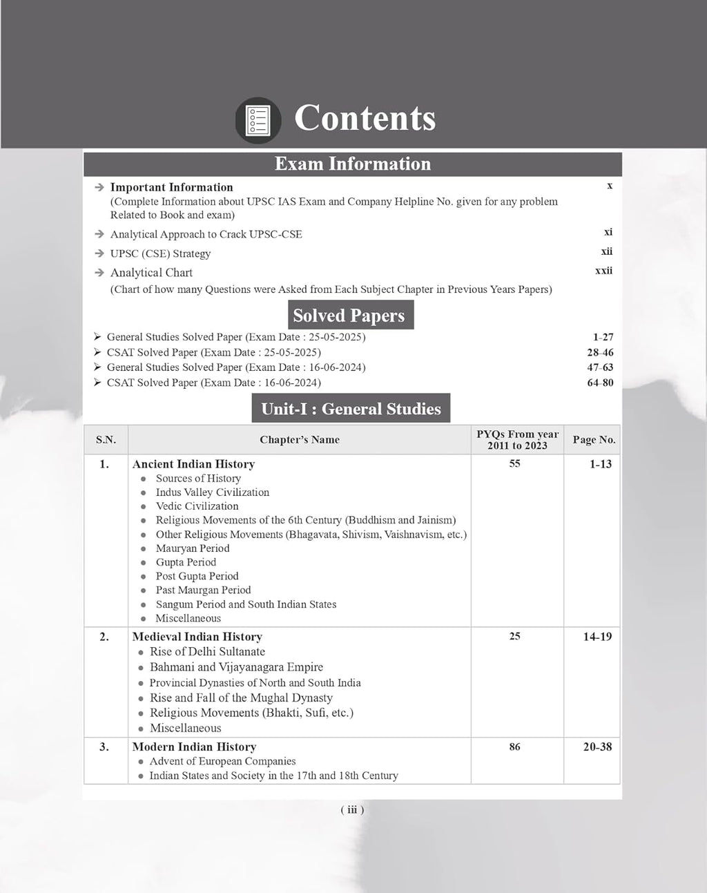 Contents page of Examcart UPSC IAS Prelims General Studies GS and CSAT PYQs Book 2026, featuring exam information and solved papers.