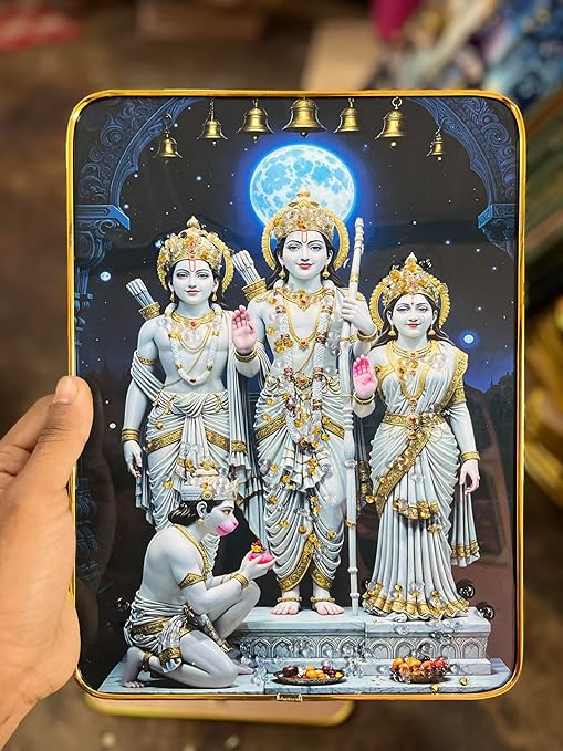 Ram Darbar Photo Frame 6x8 Inches Crystal Glossy UV Printed Shri Ram Sita Lakshman Hanuman in Royal Palace Mandir for Home Temple Wall Table Decor Gift Waterproof MDF Spiritual Frame
