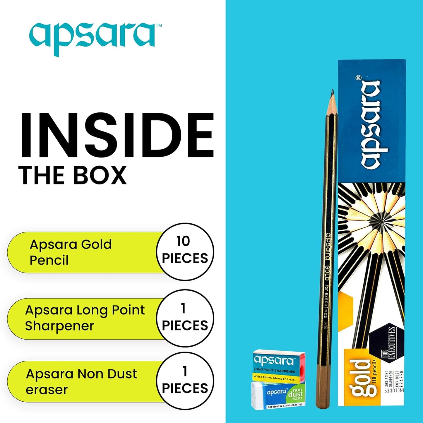 Apsara Gold HB Pencils for Executives Includes Long Point Sharpener Non Dust Eraser 10 Packs Of Apsara Gold Pencils Each Pack Containing 10 Pencils Wholesale Pack