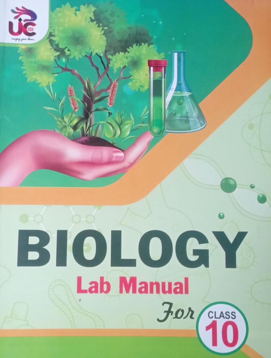 Biology lab manual for Class 10 with a hand holding plants and a beaker on a green background.
