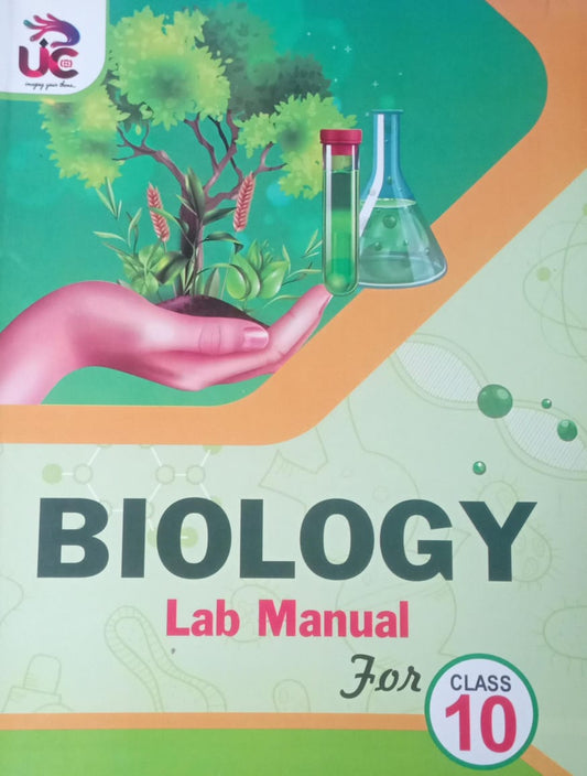 Biology lab manual for Class 10 with a hand holding plants and a beaker on a green background.