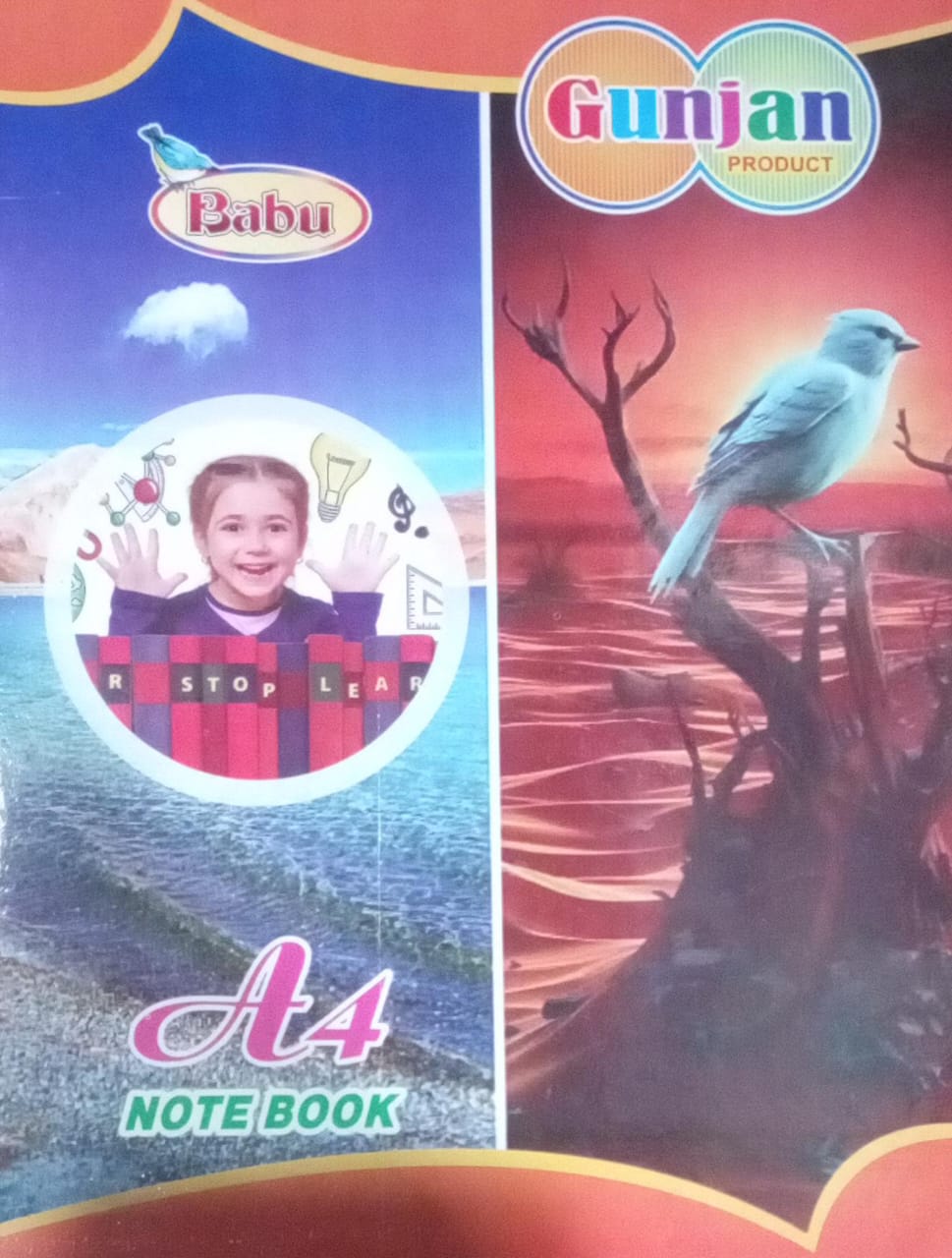 Notebook cover with a child's picture and a bird on a branch, featuring the brand 'Babu' and 'Gunjan Product'.