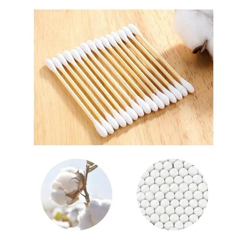 Cotton Buds for Ear Cleaner Bamboo Wooden Sticks Ear Cleaner Cotton Swabs 100% Pure and Soft Premium Cotton Ear Buds for Baby's Hygiene and Care Pack Of 12 Units