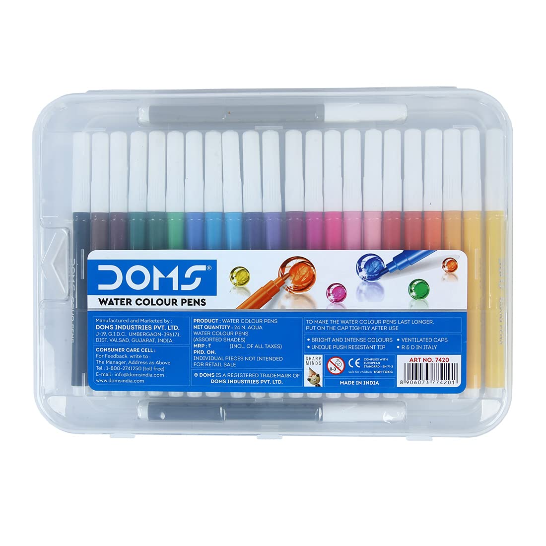 DOMS Aqua Water Colour Pens 24 shades Set Unique Push Resistant Tip With Bright and Intense Colors Non-Toxic and Safe For Kids Colourful Sketching Doodling and Mandala Art Pack of 1 Multicolor