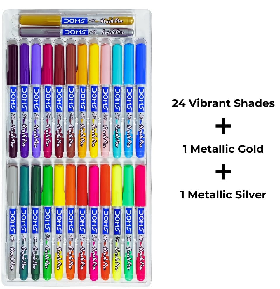 DOMS Brush Pen Box Pack Flexible and Soft Tip That Gives Water Color Effect Includes One Silver and Gold Shade Inside Lightweight Brush Pens For Kids Set Of 26 Shades